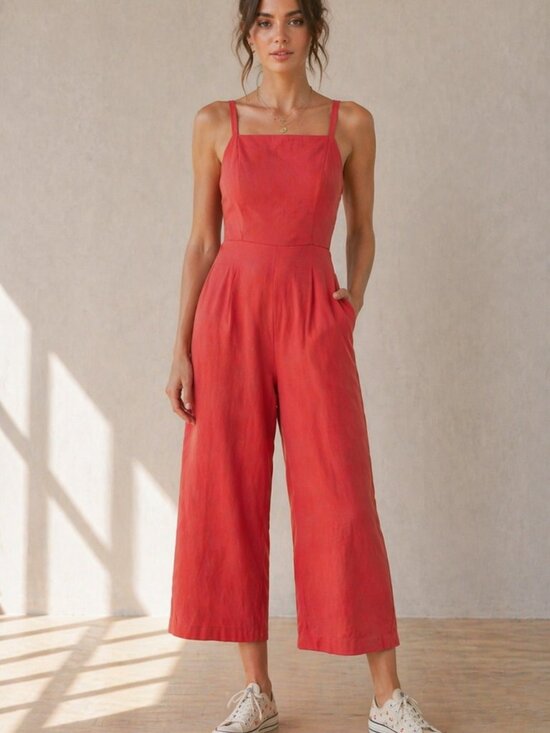 Old Navy Pants - Old Navy Linen Blend Red Jumpsuit Smocked Back Wide Leg Size Small